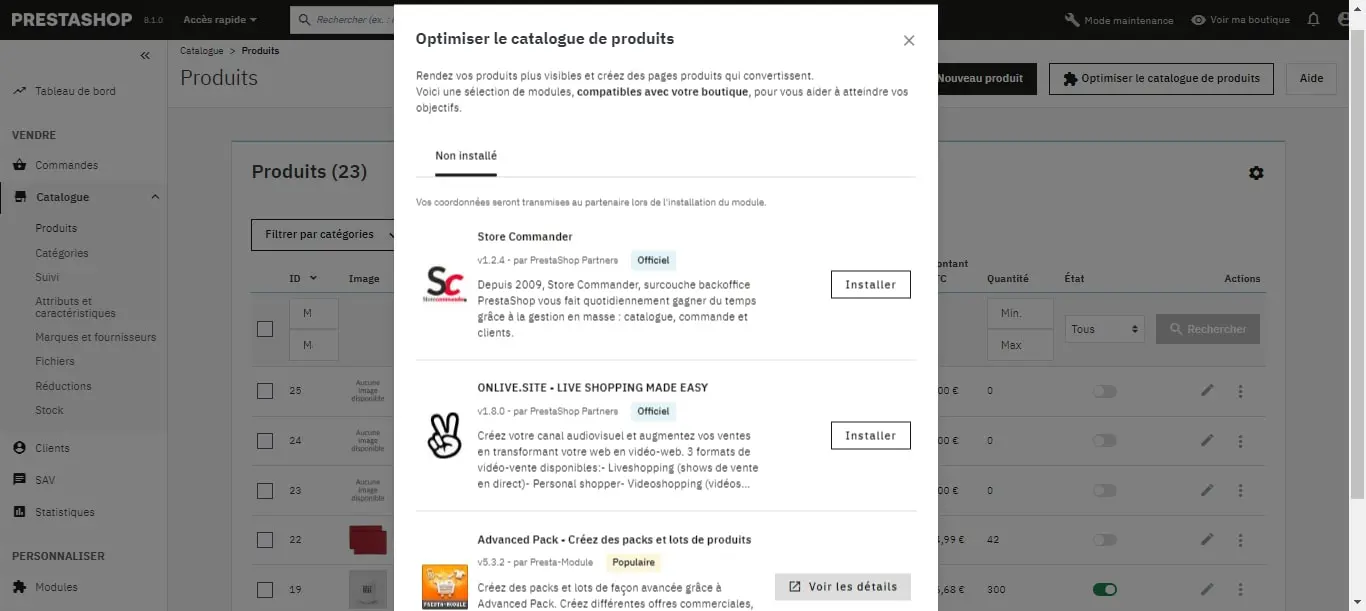 Proposition des modules pour optimiser le catalogue de produits PrestaShop 8.1 / Etowline