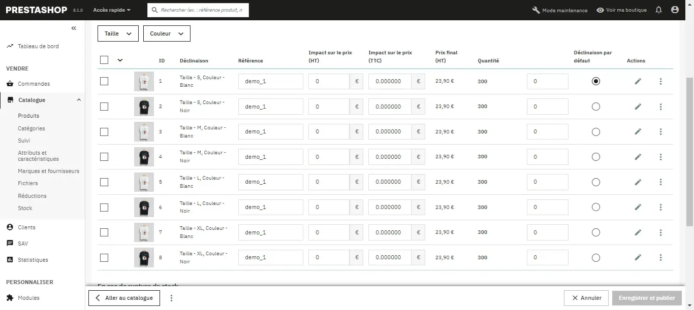 Visuel des déclinaisons de produits PrestaShop 8.1 / Etowline