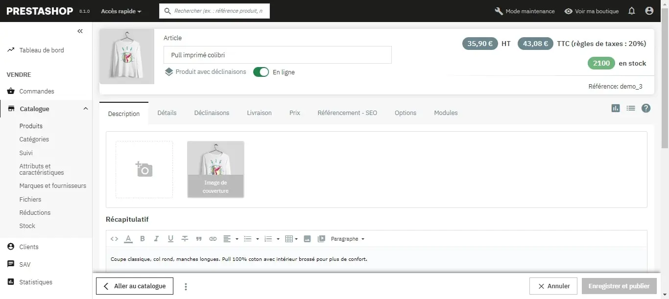 Description de la fiche produit PrestaShop 8.1 / Etowline