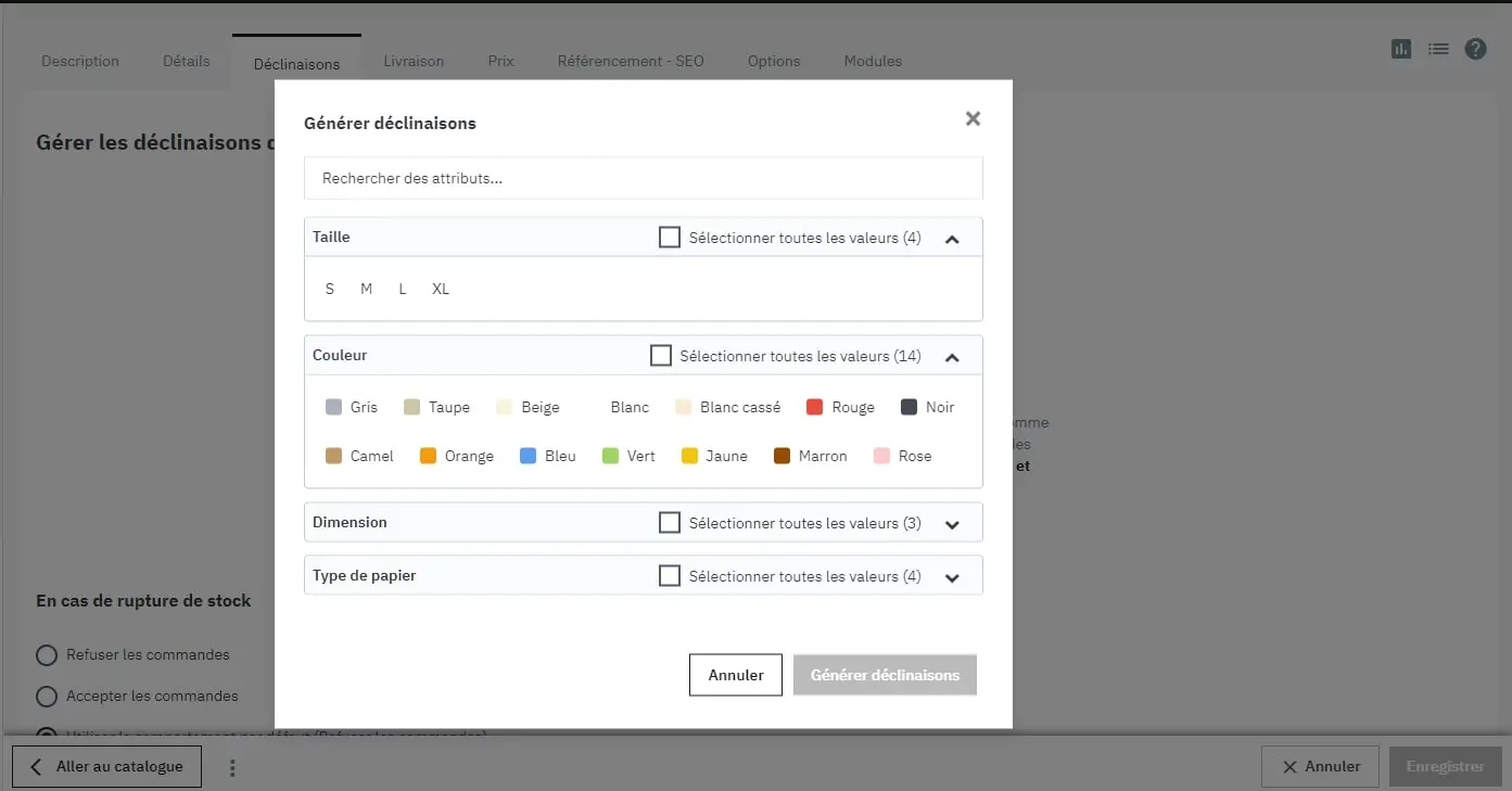 Visuel du choix des caractéristiques lors de la création d'un produit avec déclinaisons PrestaShop 8.1 / Etowline