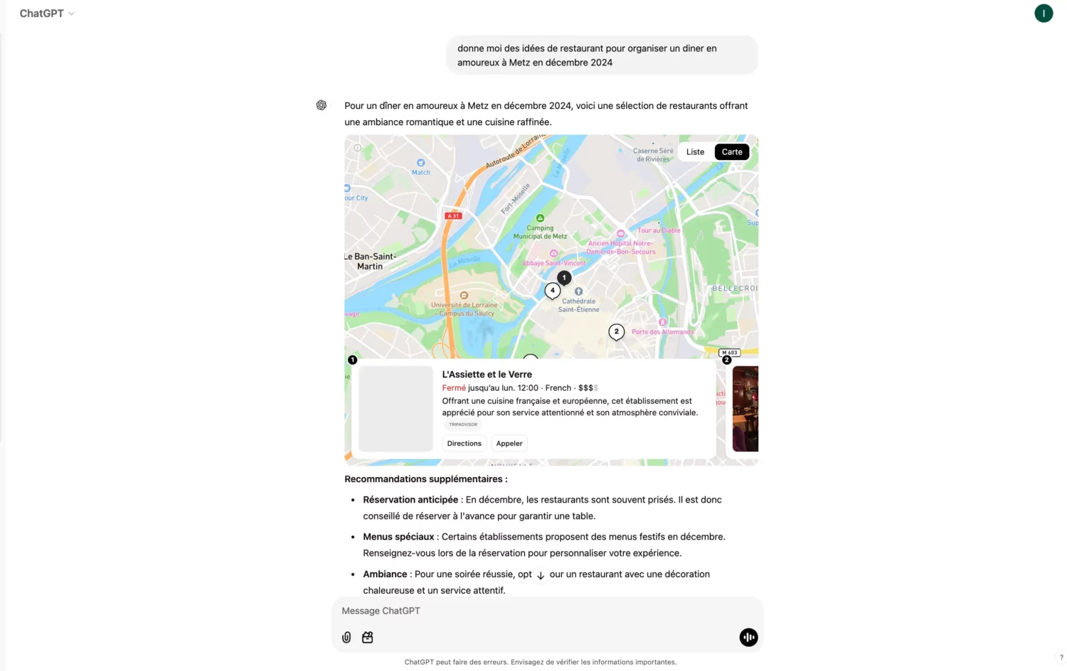 Recherche de restaurant amoureux à Metz CHAT GPT comprend Google Maps