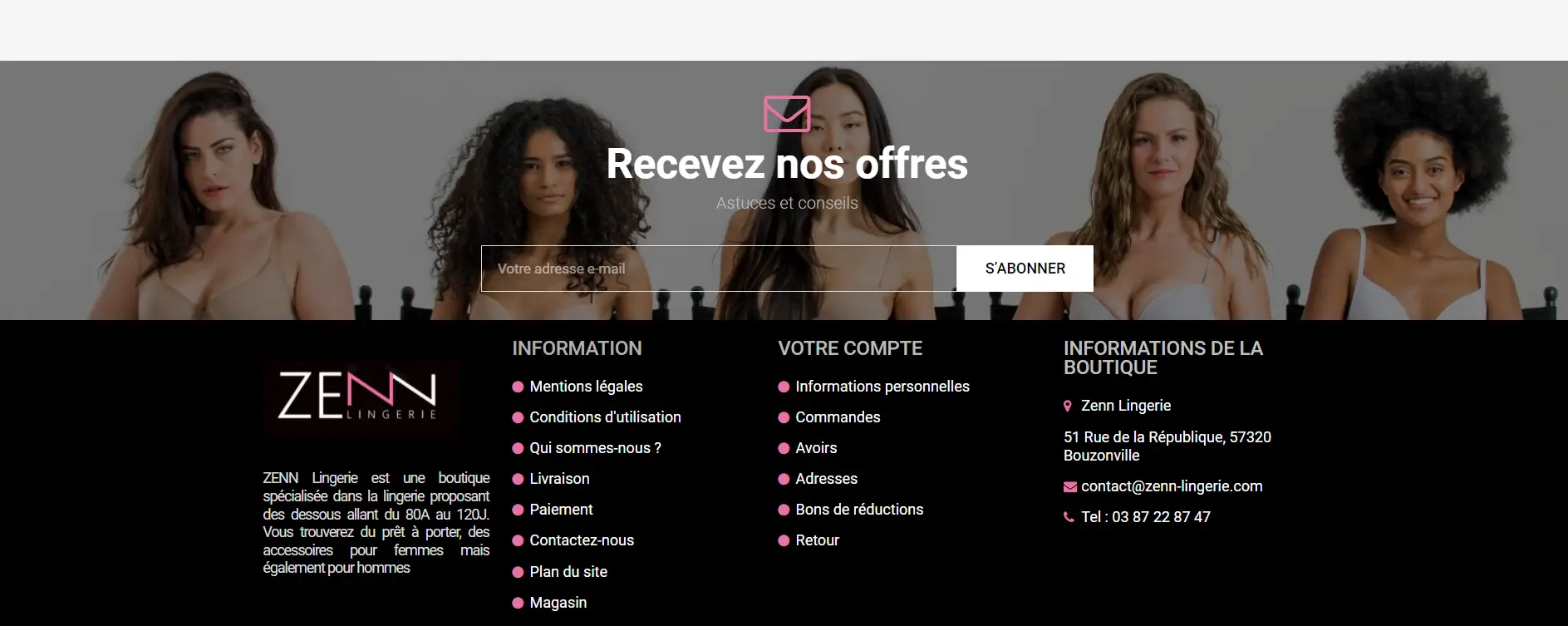 pied de page site e-commerce zenn lingerie