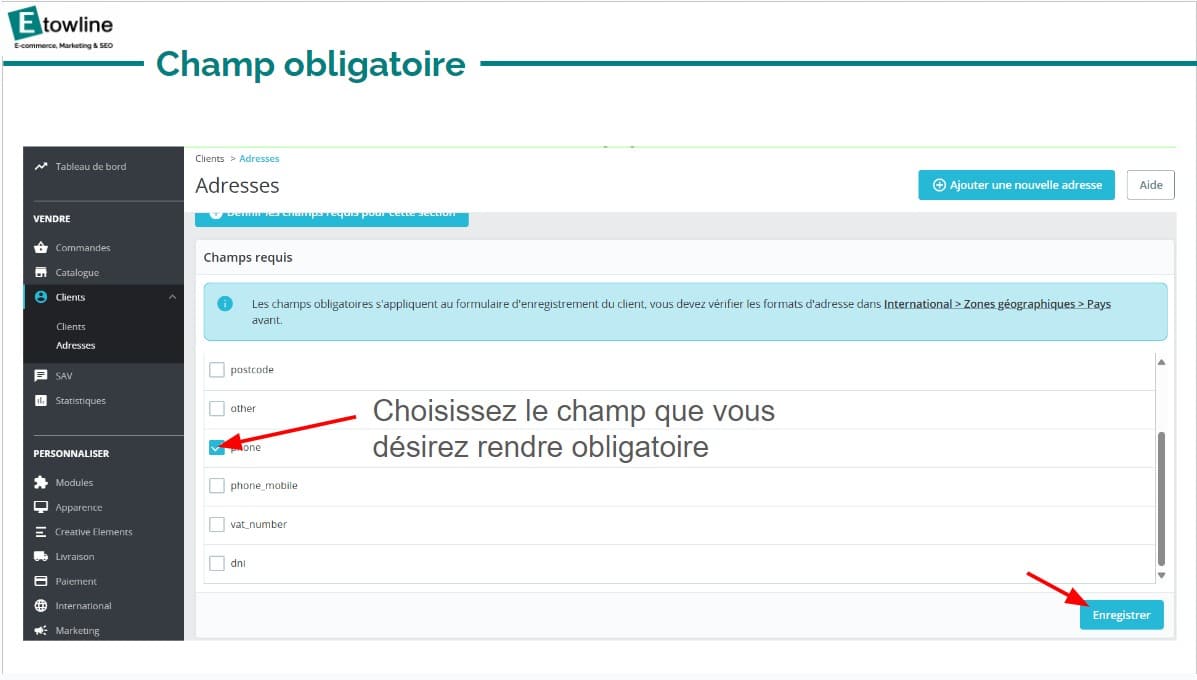 champ telephone obligatoire sur Prestashop