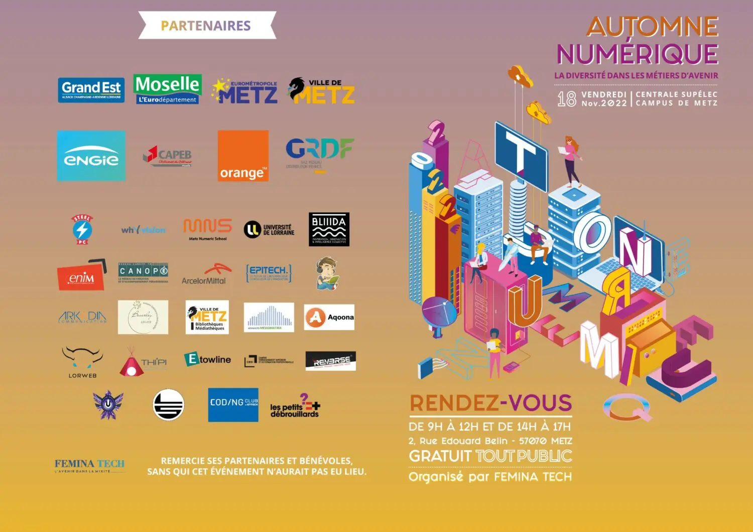 Affiche Femina Tech Automne Numérique partenaires et bénévoles etowline metz